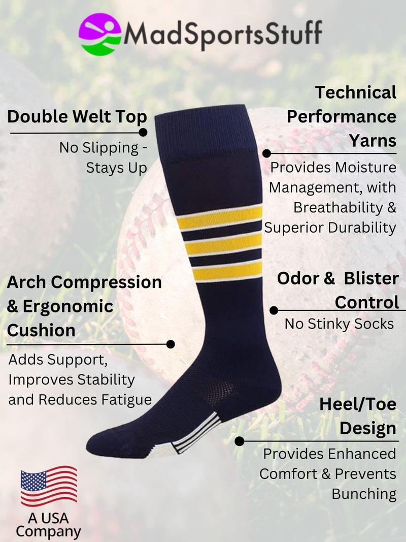 MadSportsStuff Dugout 3 Stripe Baseball Socks (Navy/Gold/White, Small) - Navy/Gold/White,Small - Image 2